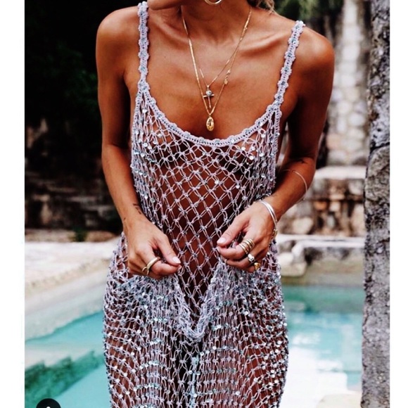 RAT & BOA Zinnia Dress *RARE* Open Crochet Knit with All-Over Sea Green Sparkles - Picture 4 of 13